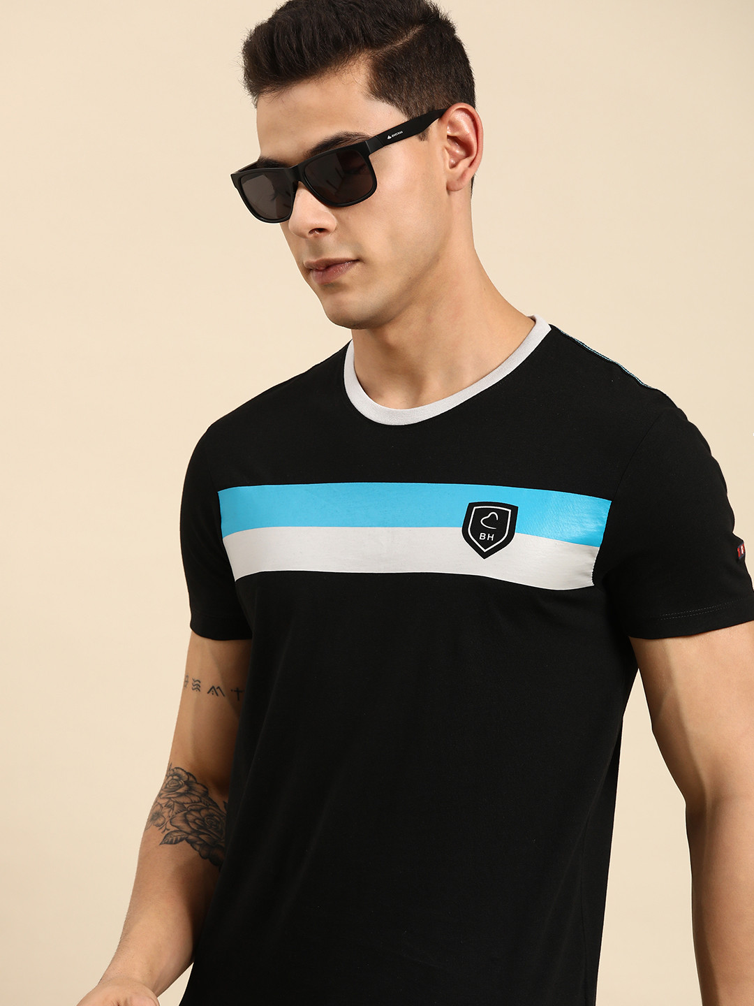 

Being Human Men Black & Blue Striped Round Neck T-shirt