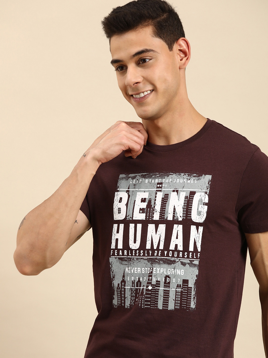Being Human Men Burgundy Typography Printed T-shirt