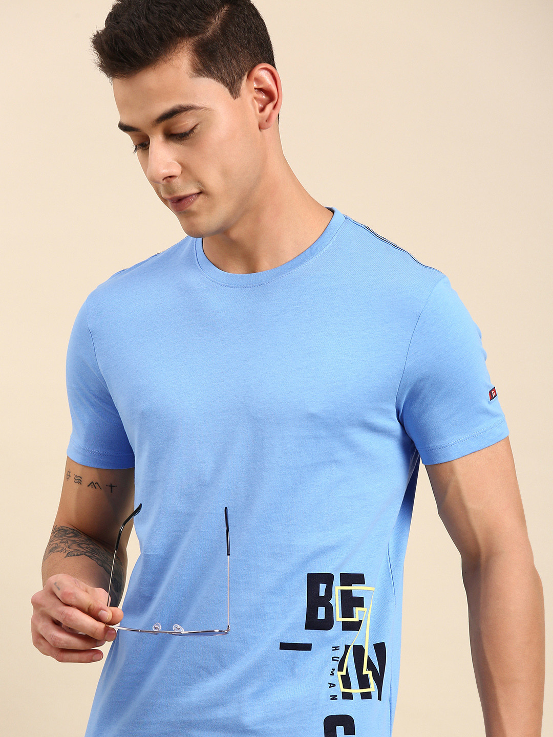 

Being Human Men Sky Blue Brand Logo Printed Pure Cotton T-shirt