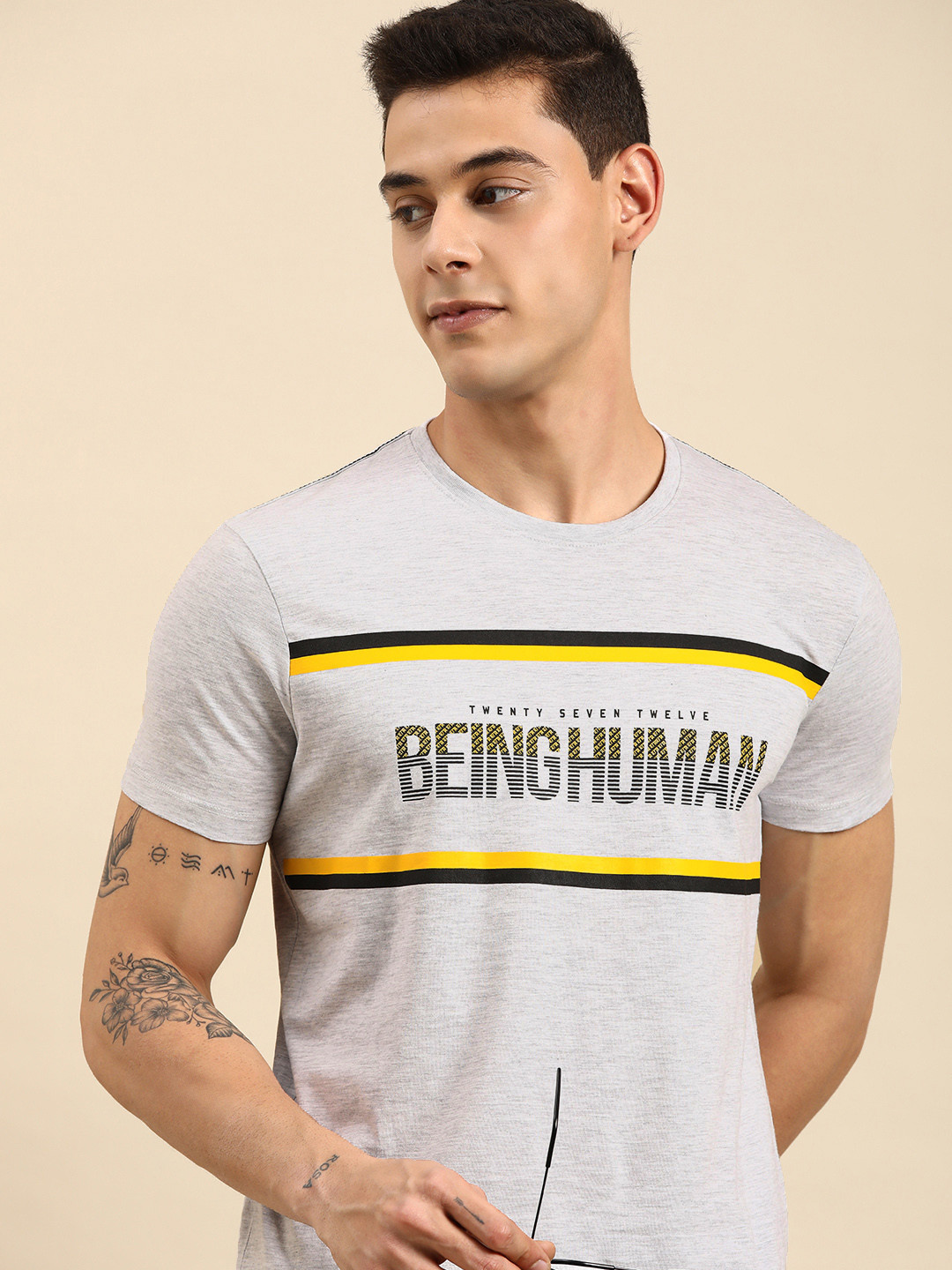 

Being Human Men Grey Melange Typography Printed Casual T-shirt