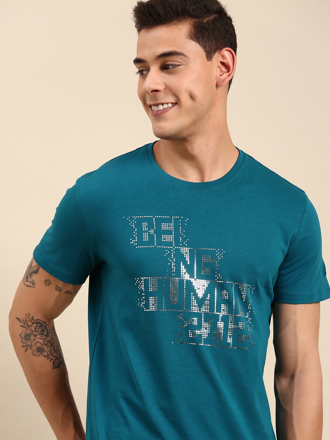 

Being Human Men Teal Blue Brand Logo Printed Pure Cotton T-shirt