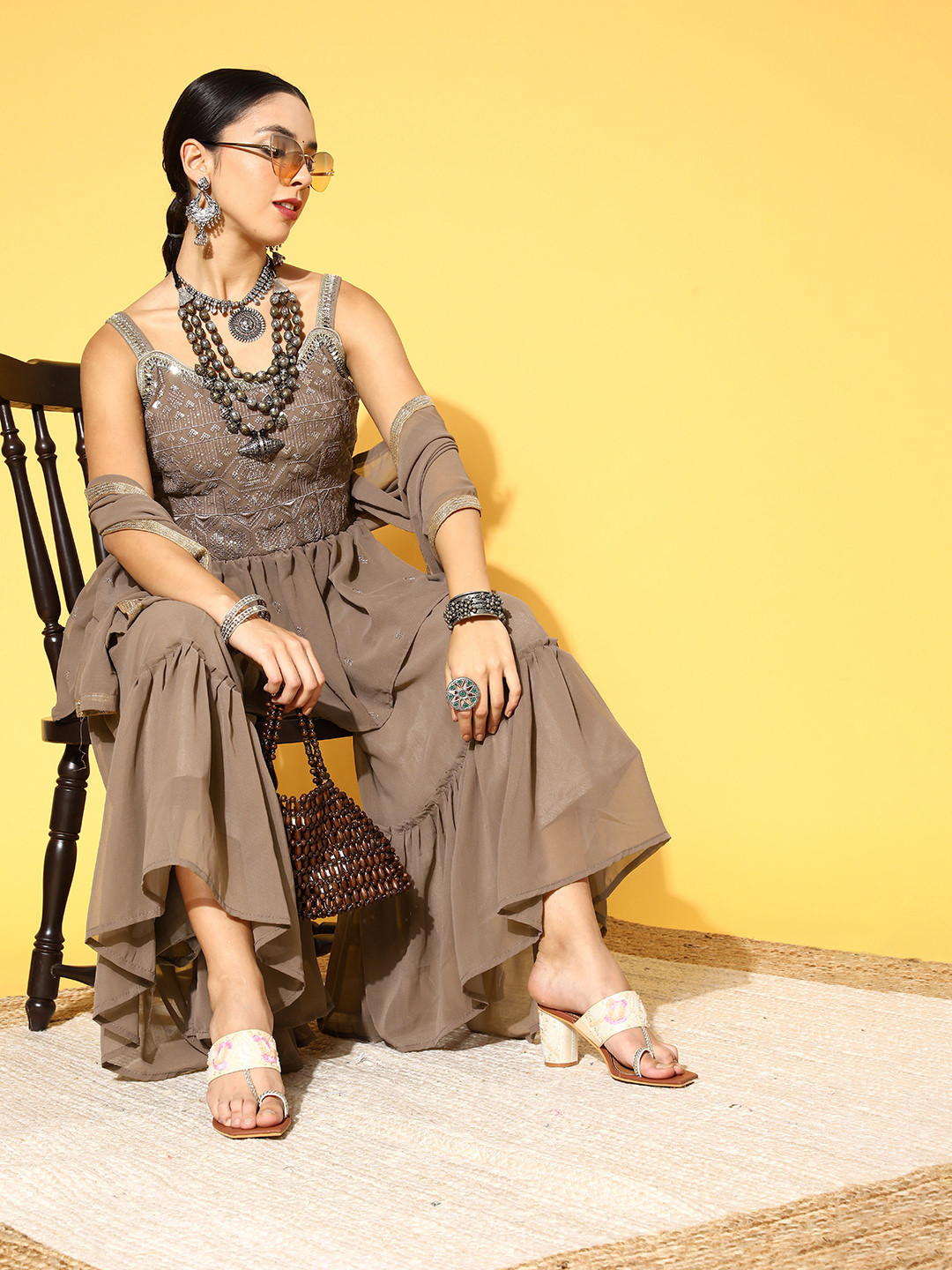 

Chhabra 555 Women Taupe Embroidered Pleated Mirror Work Top with Sharara & Dupatta