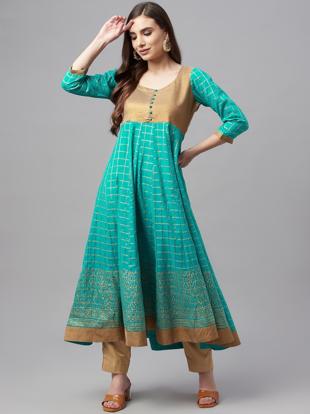 

MBE Women Blue & Gold-Toned Checked Anarkali Kurta