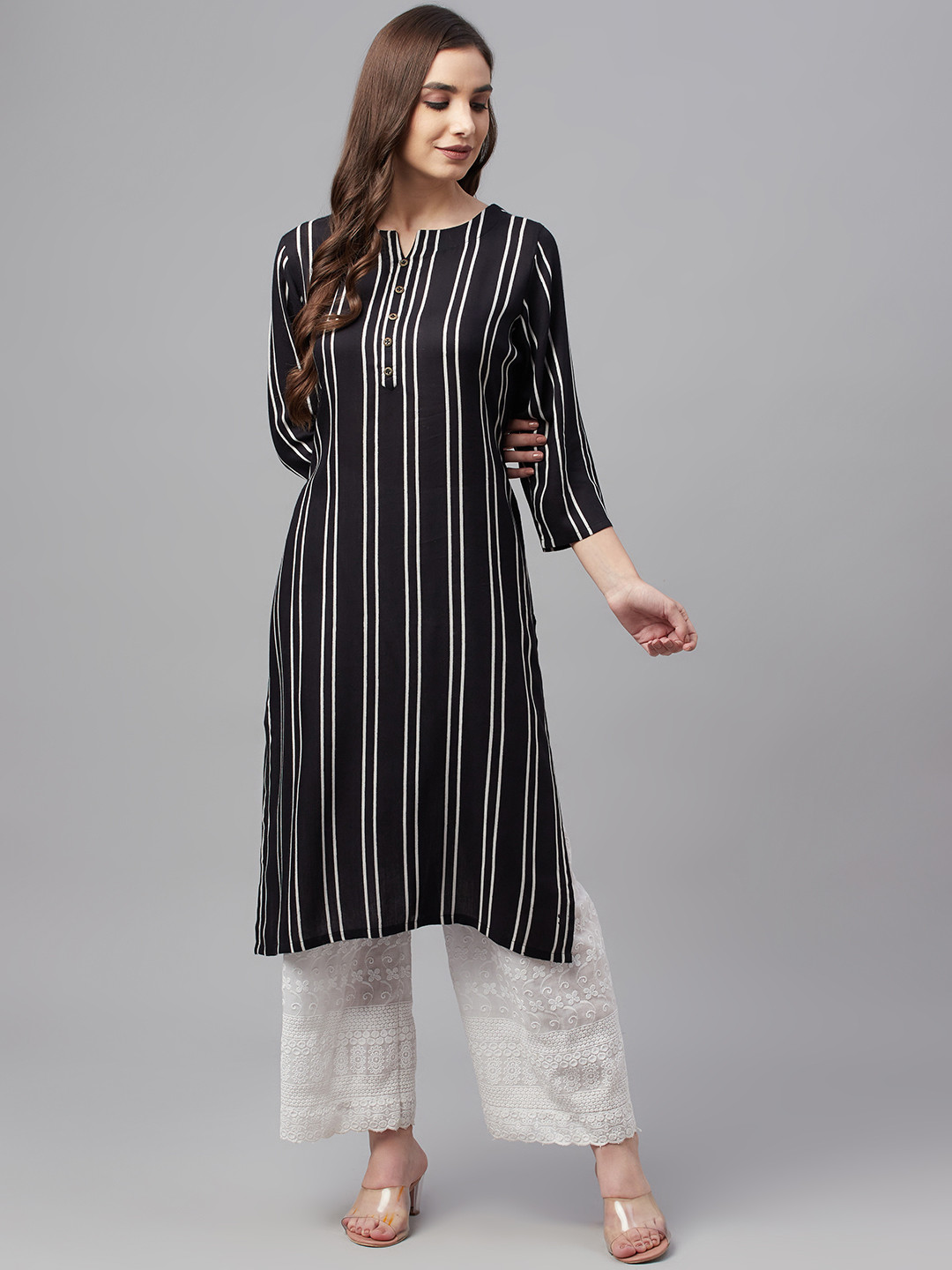 

MBE Women Black & White Striped Kurta