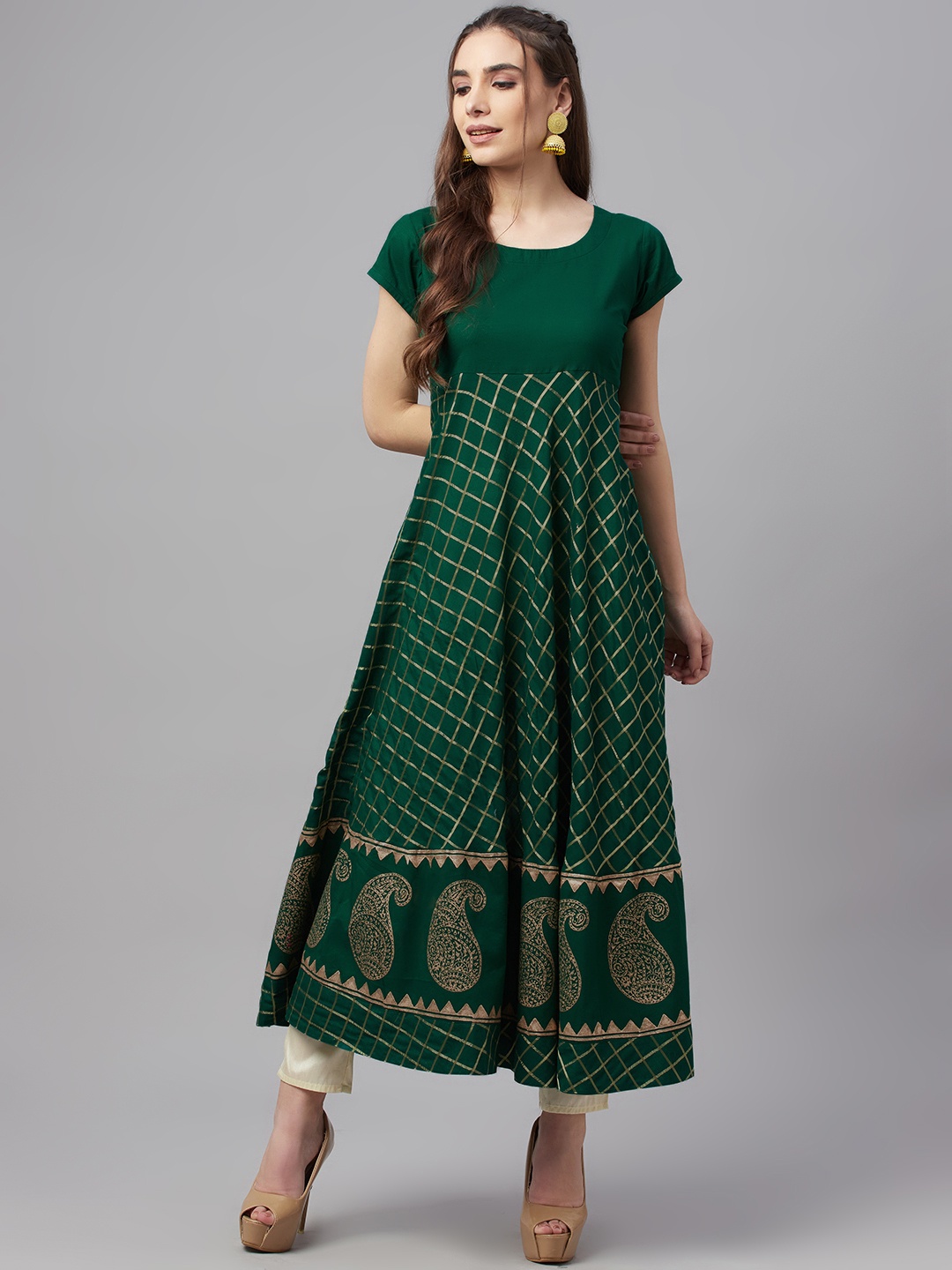 

MBE Women Green & Gold-Toned Checked Anarkali Kurta