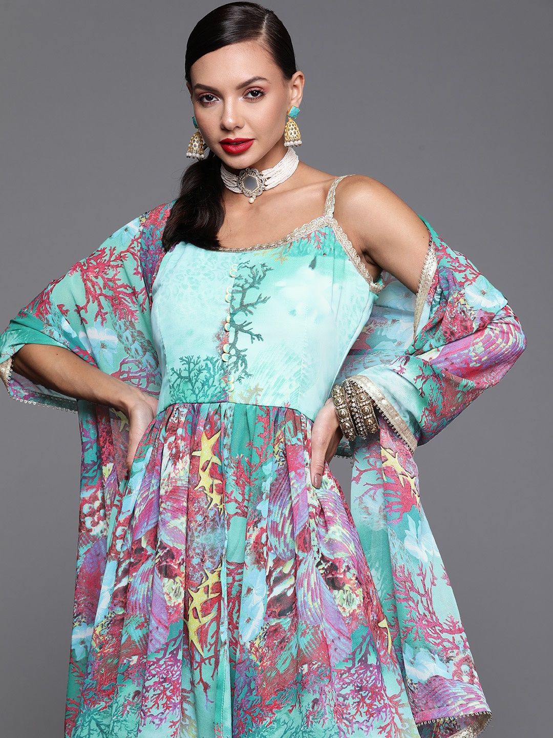 

Chhabra 555 Women Blue Digital Quirky Print Made-to-Measure Kurta with Sharara & Dupatta