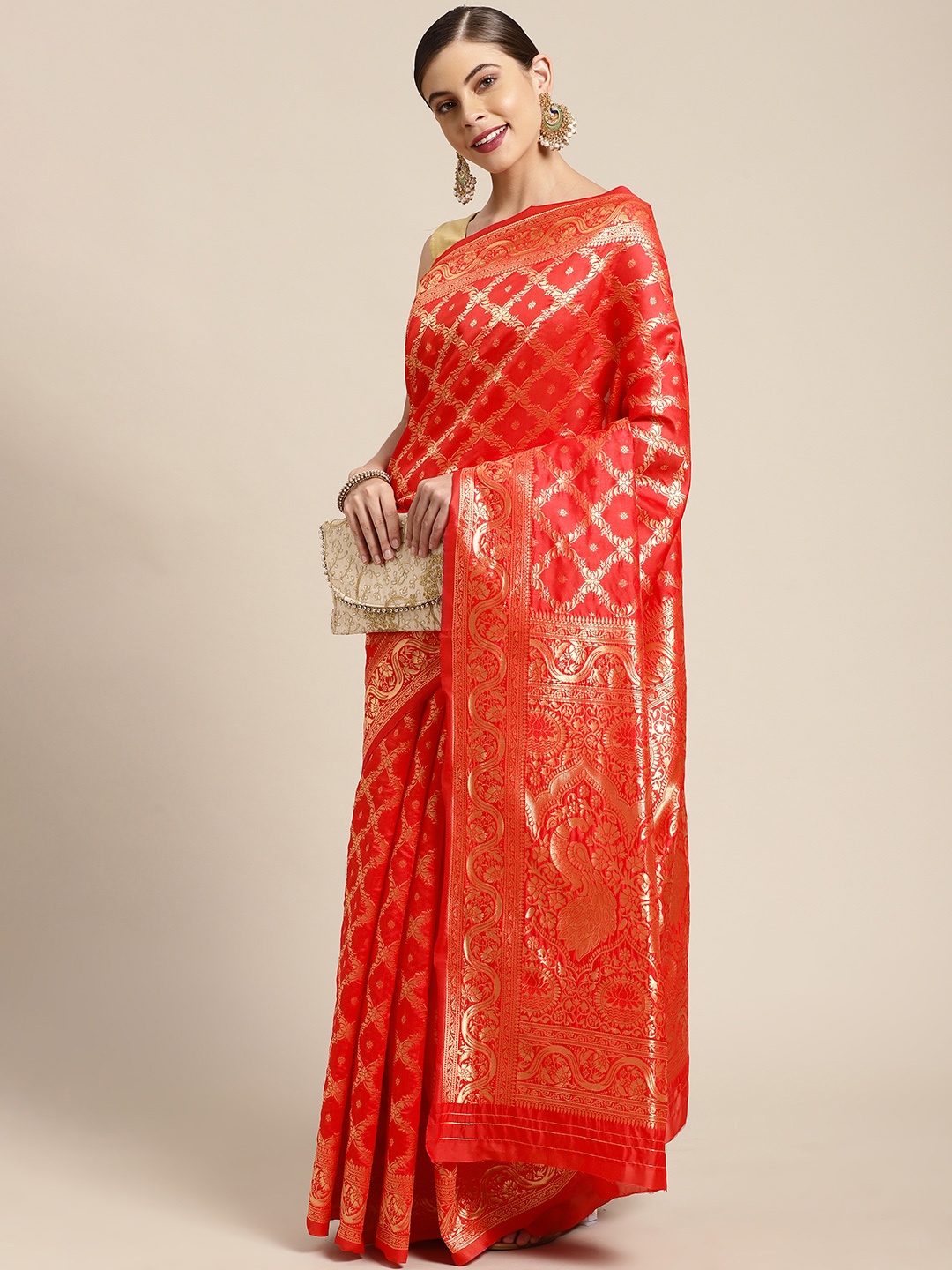 

KALINI Red & Gold-Toned Woven Design Zari Silk Blend Banarasi Saree
