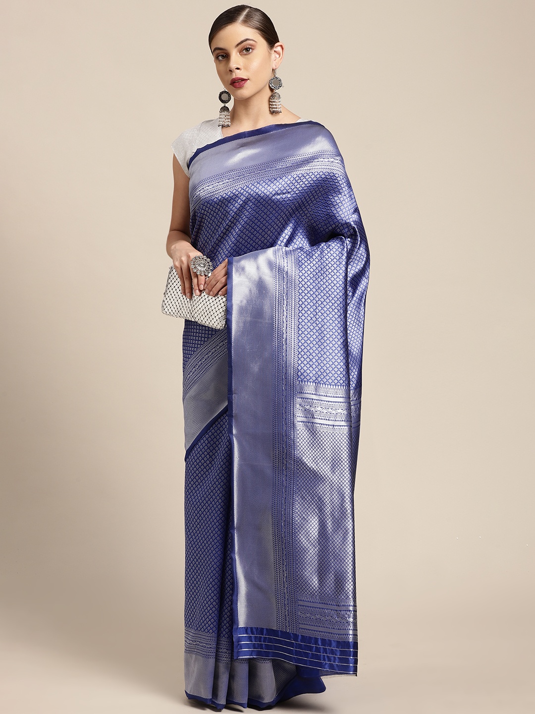 

KALINI Blue & Silver-Toned Woven Design Zari Silk Blend Kanjeevaram Saree