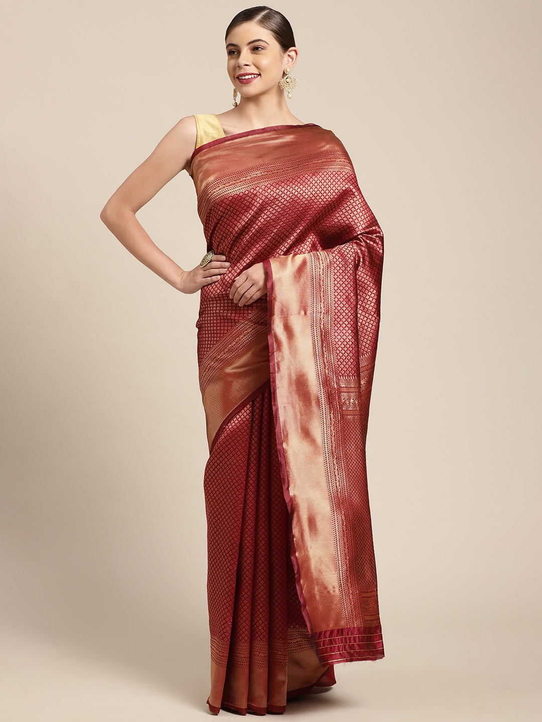 

KALINI Maroon & Gold-Toned Woven Design Zari Silk Blend Banarasi Saree