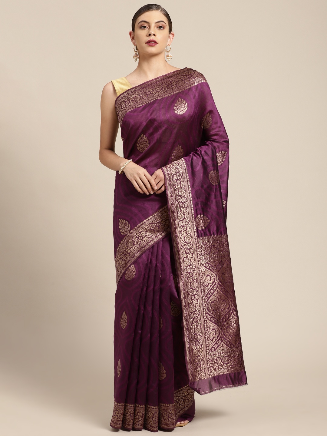 

KALINI Purple & Gold-Toned Woven Design Zari Silk Blend Kanjeevaram Saree