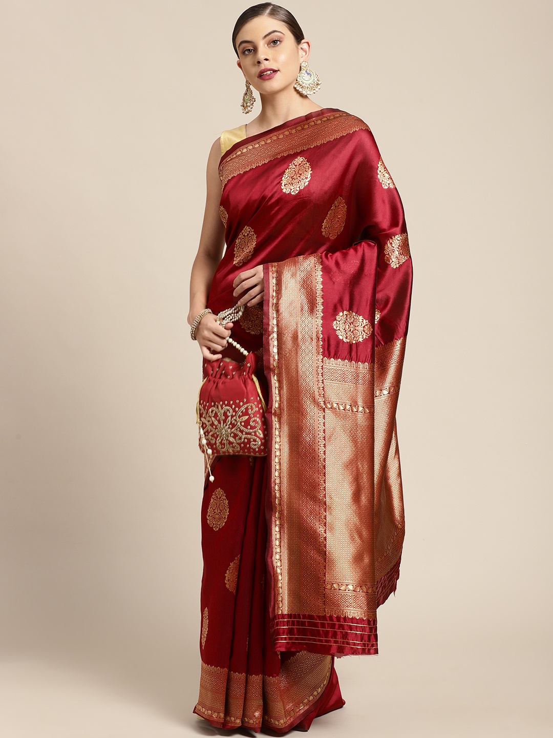 

KALINI Maroon & Gold-Toned Woven Design Zari Silk Blend Kanjeevaram Saree