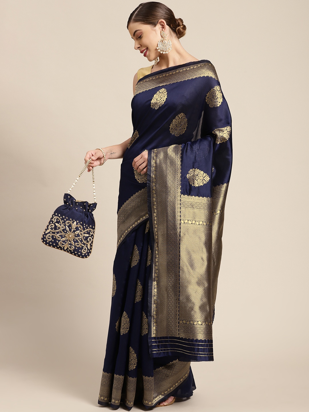 

KALINI Navy Blue & Gold-Toned Woven Design Zari Silk Blend Banarasi Saree