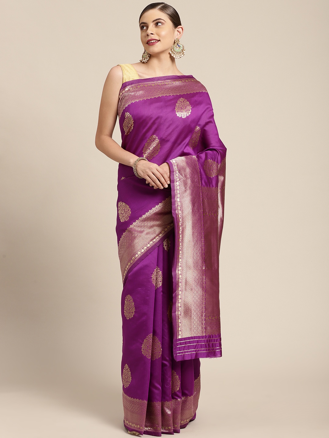 

KALINI Purple & Gold-Toned Woven Design Zari Silk Blend Banarasi Saree