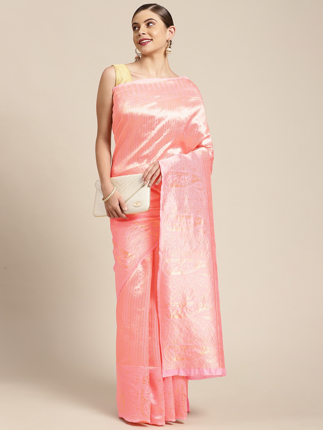 

KALINI Pink & Gold-Toned Woven Design Zari Silk Blend Kanjeevaram Saree