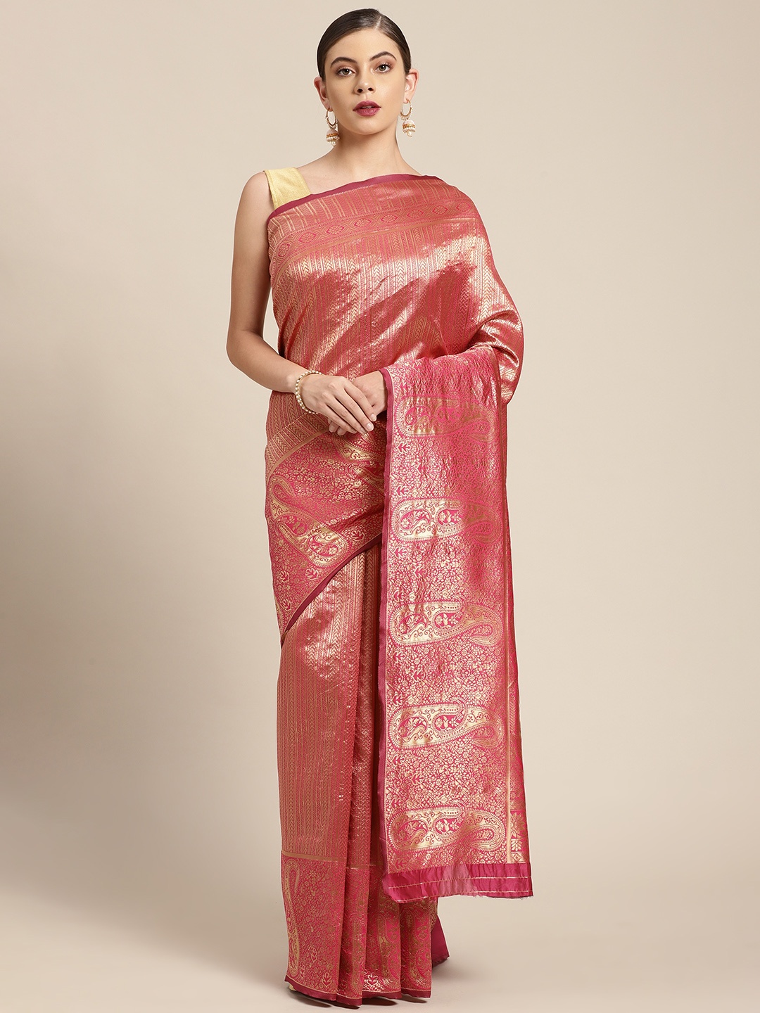 

KALINI Pink & Gold-Toned Woven Design Zari Silk Blend Banarasi Saree