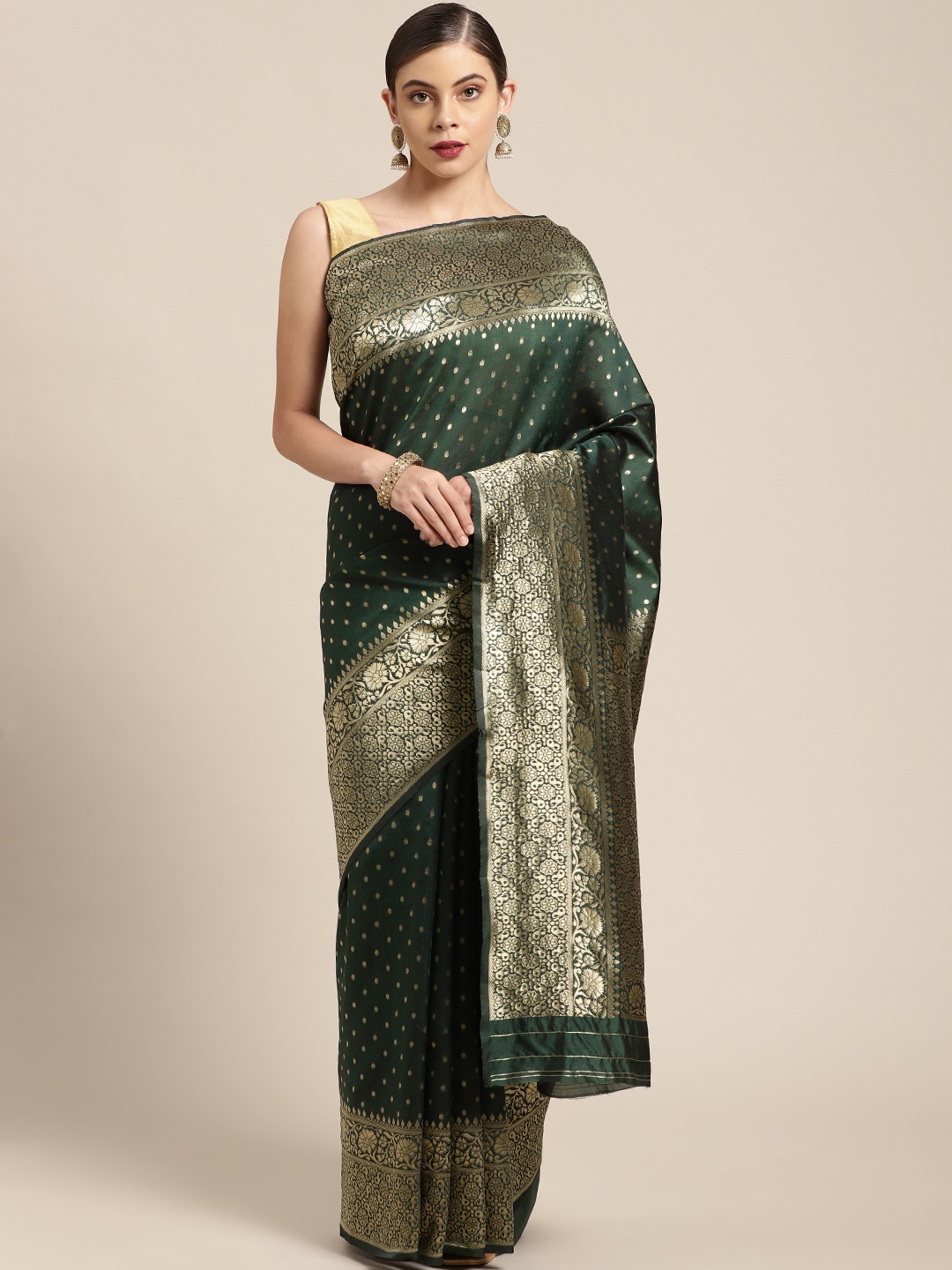 

KALINI Green & Gold-Toned Woven Design Zari Silk Blend Kanjeevaram Saree
