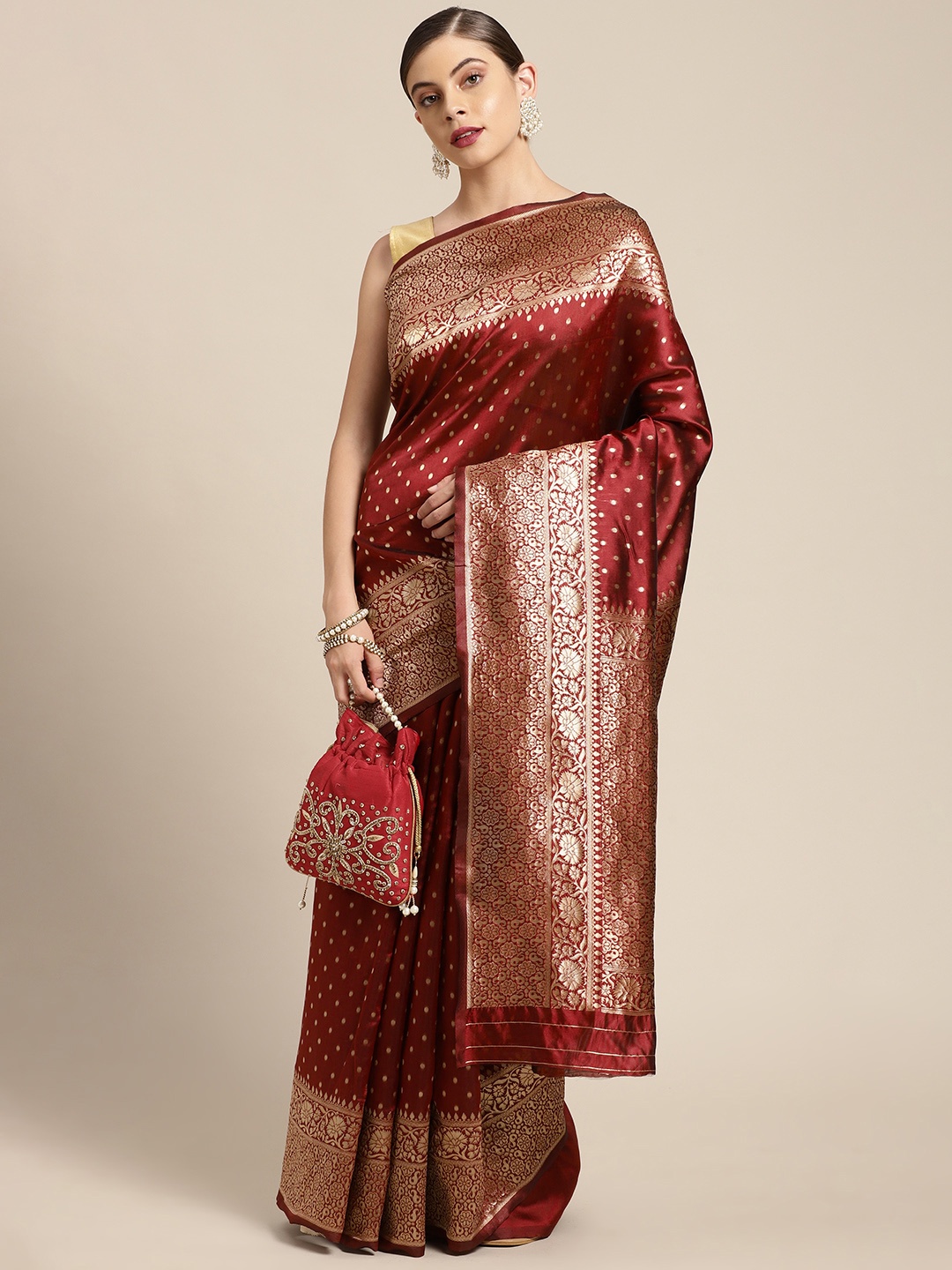 

KALINI Maroon & Gold-Toned Woven Design Zari Silk Blend Banarasi Saree