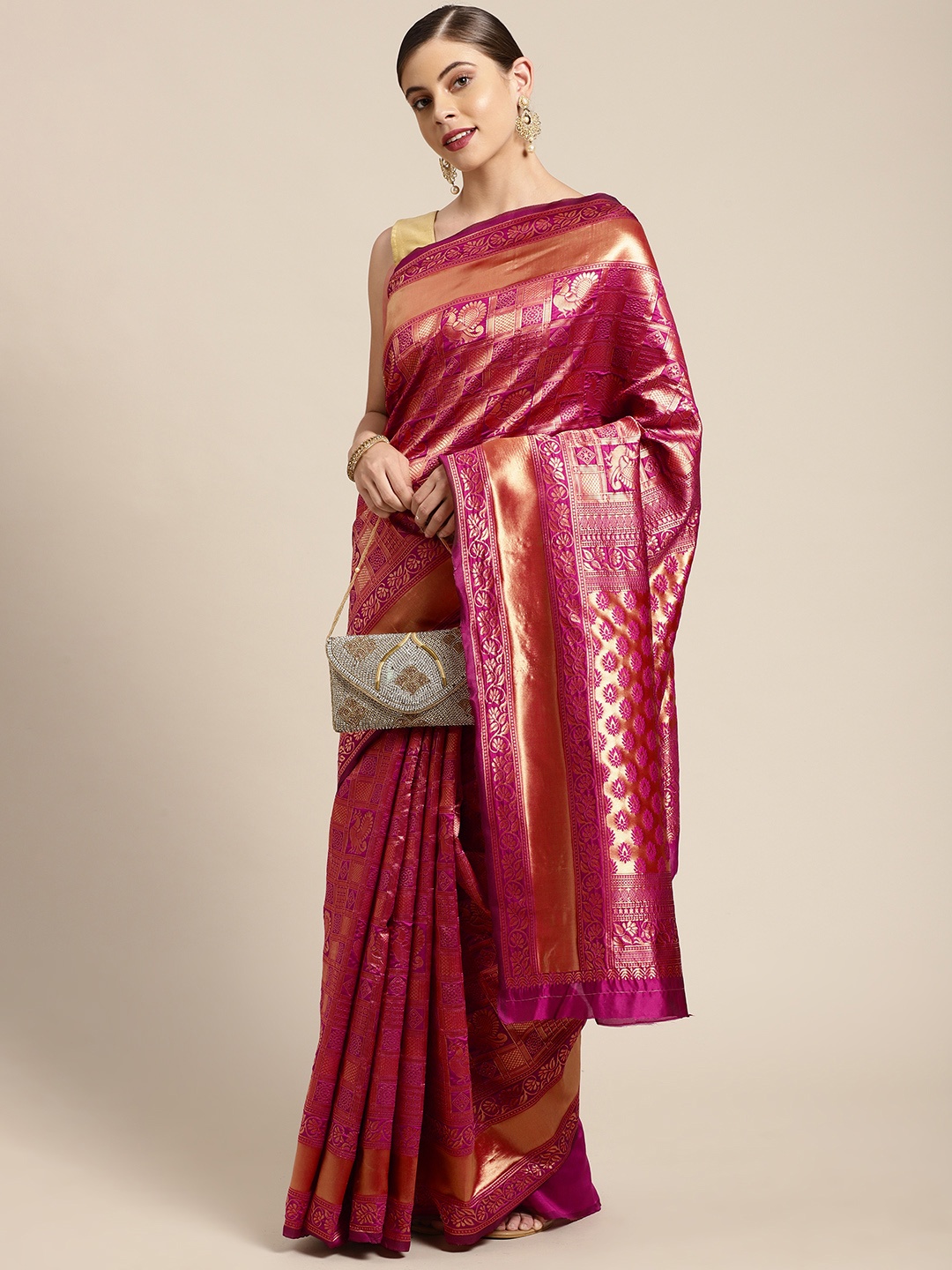 

KALINI Purple & Gold-Toned Woven Design Zari Silk Blend Banarasi Saree