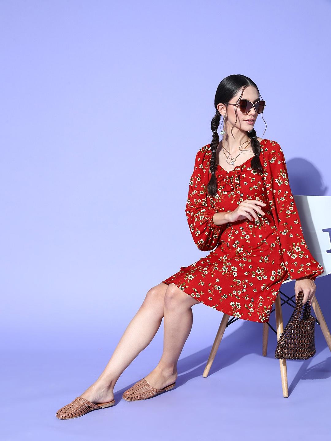 

Berrylush Women Gorgeous Red Floral Printed Bustier A-Line Dress