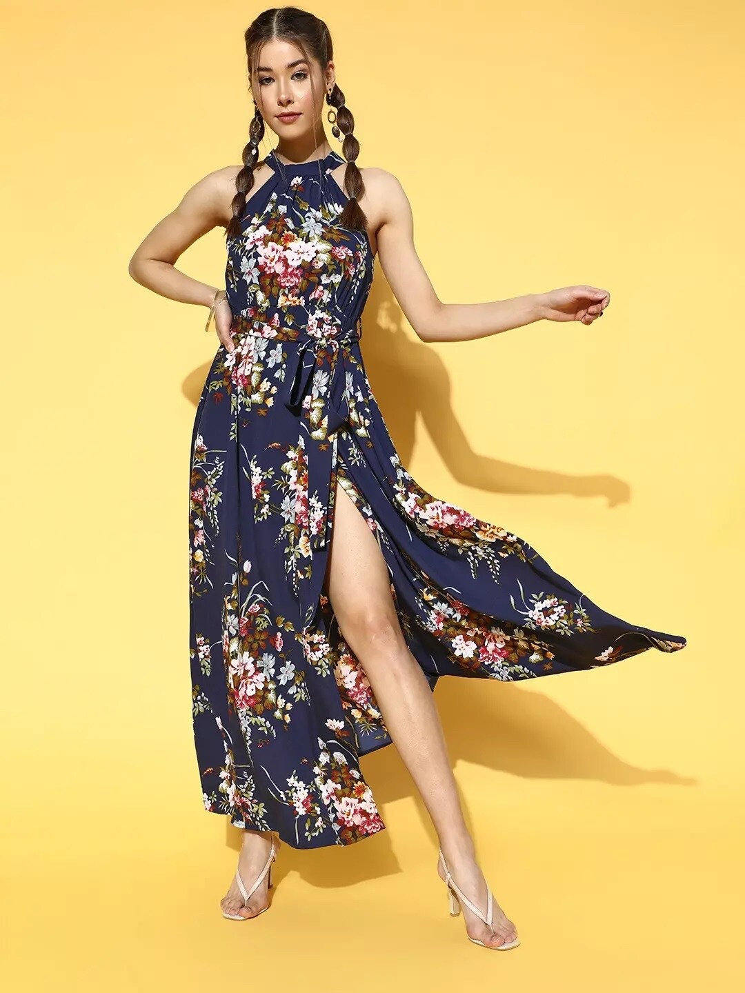 

Berrylush Navy Blue Floral Halter Neck Crepe High Slit Maxi Dress