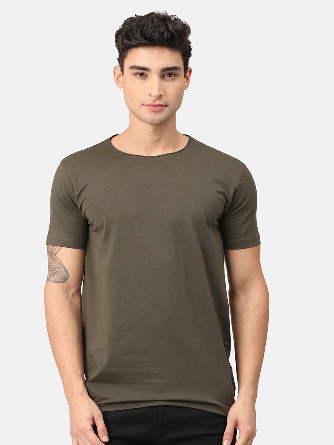 

Snitch Men Olive Green Raw Edge Cotton T-Shirt