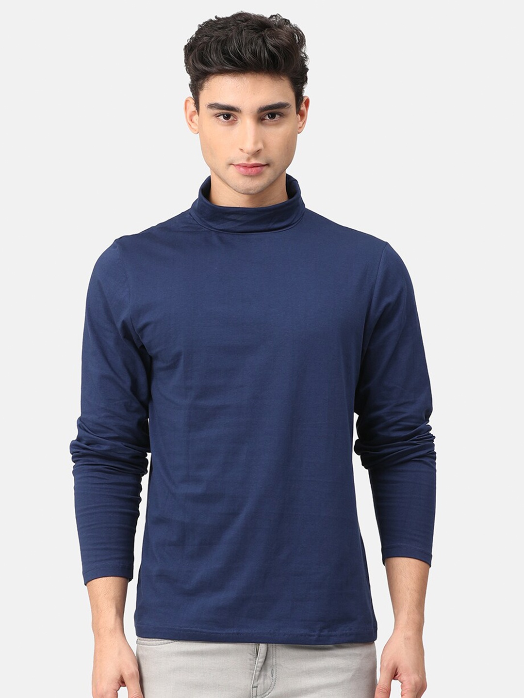 

Snitch Men Navy Blue High Neck Indigo Cotton T-shirt