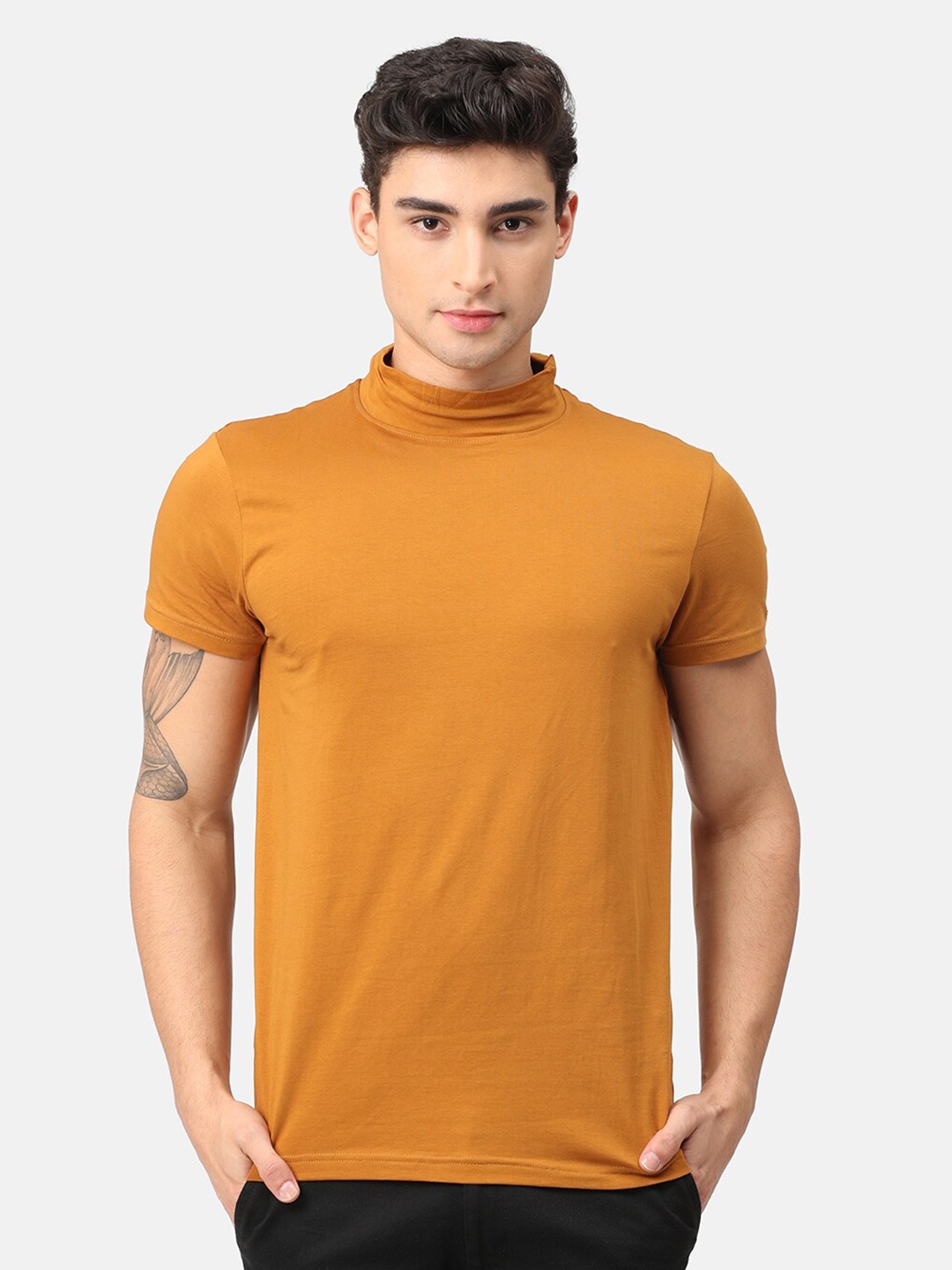 

Snitch Men Mustard Yellow Turtle Neck Cotton T-shirt