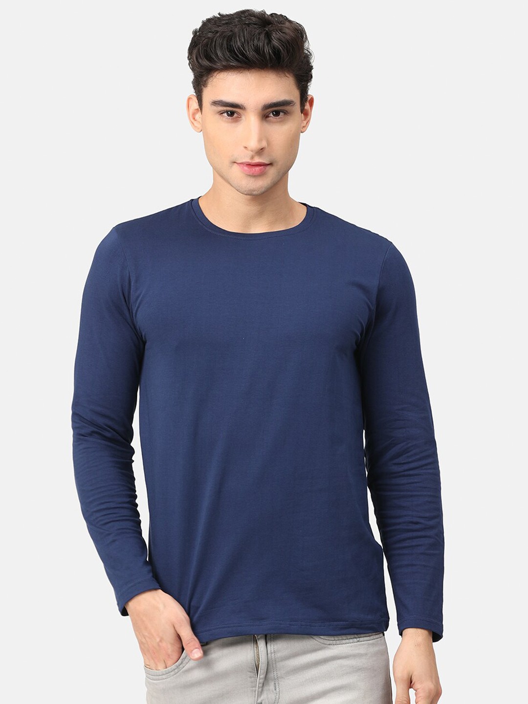 

Snitch Men Navy Full Sleeves 4-way Stretch Crew Neck Cotton T-Shirt, Navy blue