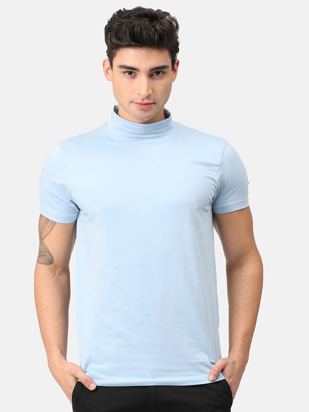 

Snitch Men Blue Turtle Neck Cotton T-Shirt