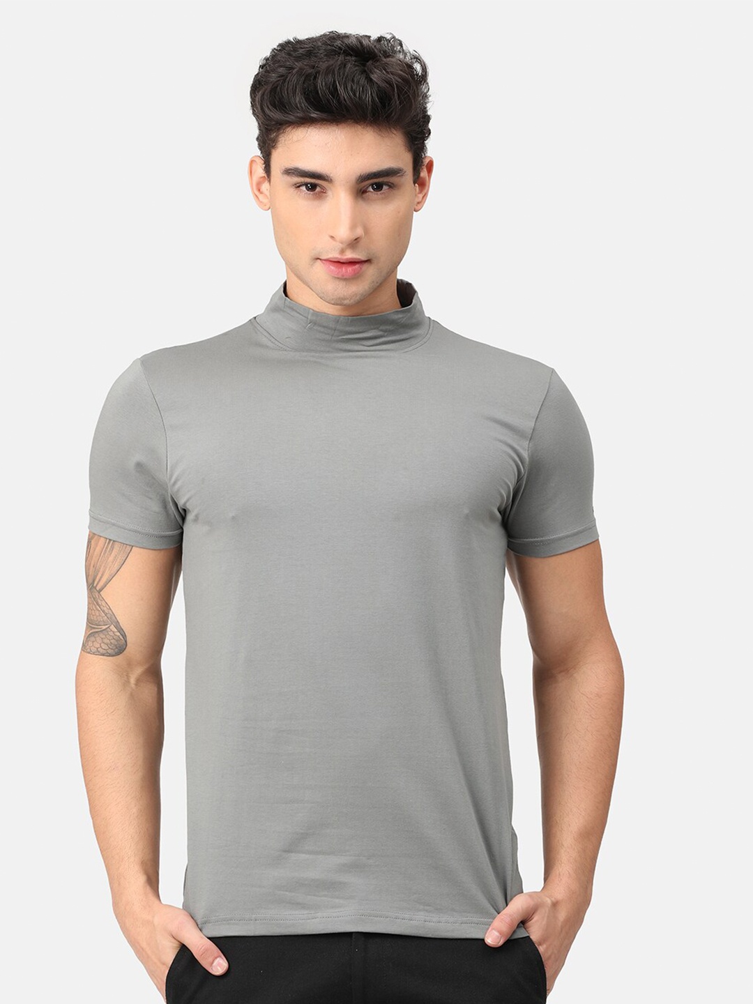 

Snitch Men Grey Turtle Neck Cotton T-shirt