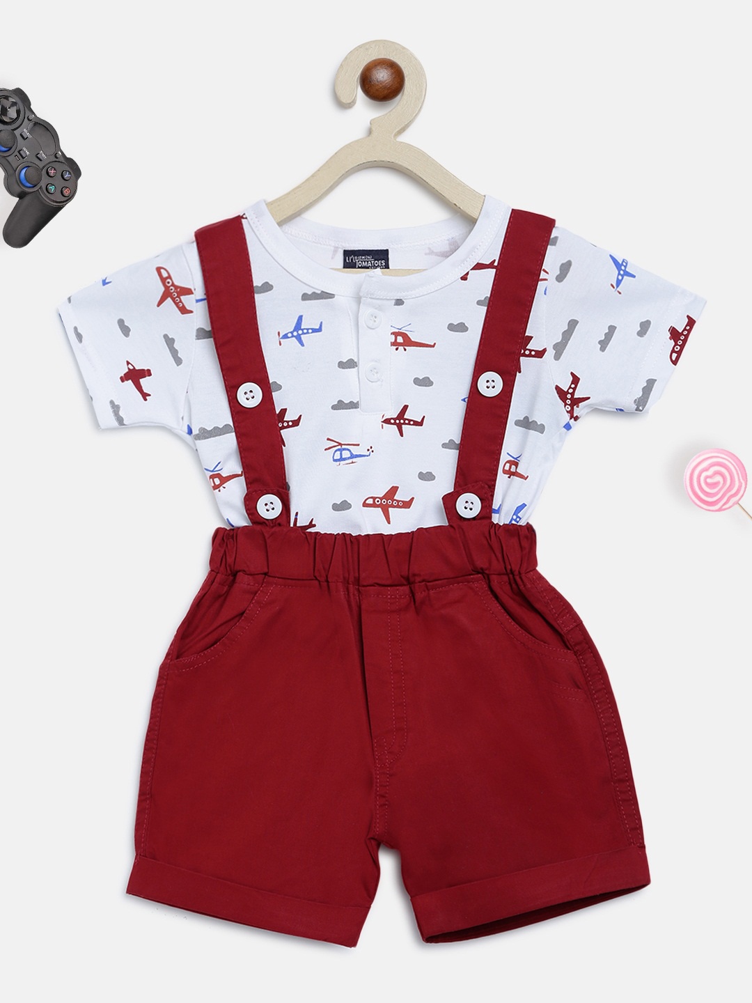 

Lil Tomatoes Kids Maroon & White Solid Pure Cotton Dungarees With T-Shirt