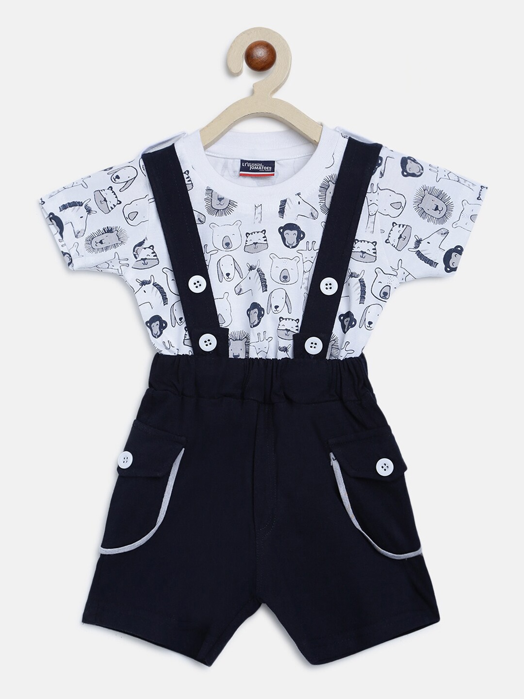 

Lil Tomatoes Infant Kids Navy Blue & White Printed Pure Cotton Dungarees