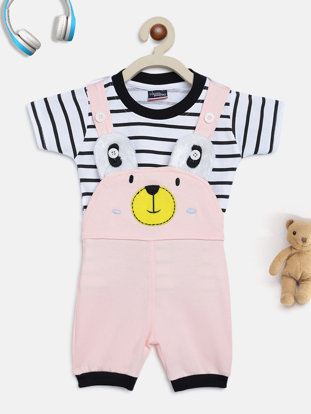 

Lil Tomatoes Solid Pink Pure Cotton Dungarees With Black & White Striped T-shirt