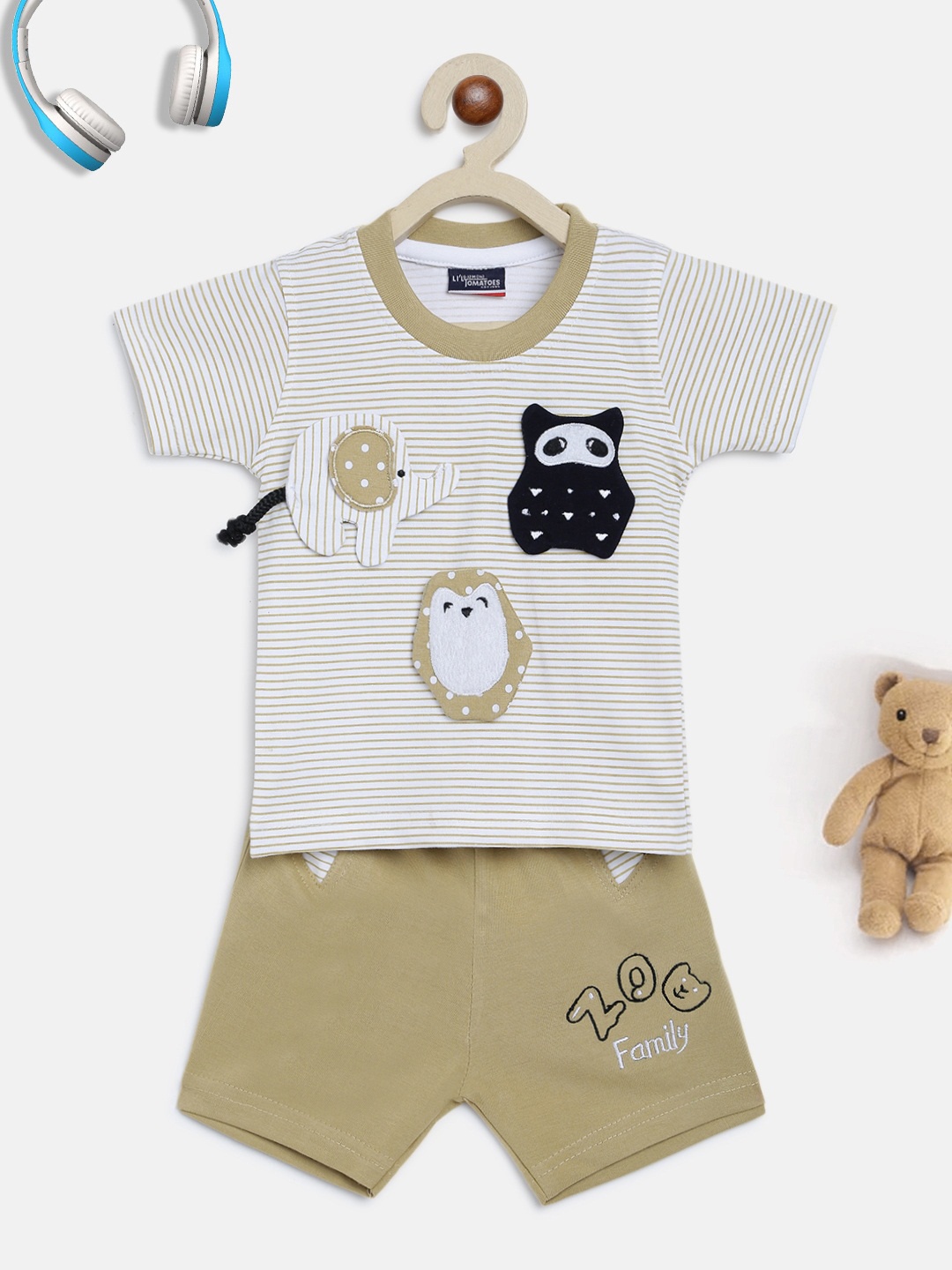 

Lil Tomatoes Kids Beige & Off White Pure Cotton Printed T-shirt with Shorts