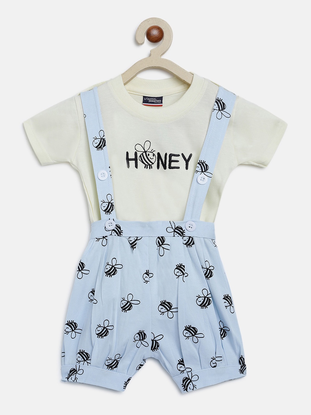 

Lil Tomatoes Infant Kids Blue & White Printed Cotton Dungarees With T-Shirt