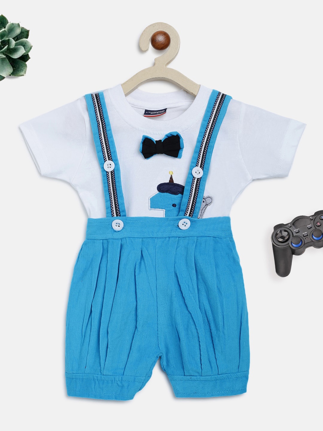 

Lil Tomatoes Kids Blue & White Pure Cotton Dungarees With T-Shirt