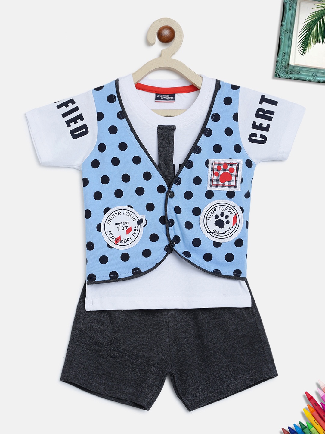 

Lil Tomatoes Unisex Kids Blue & White Printed T-shirt with Shorts