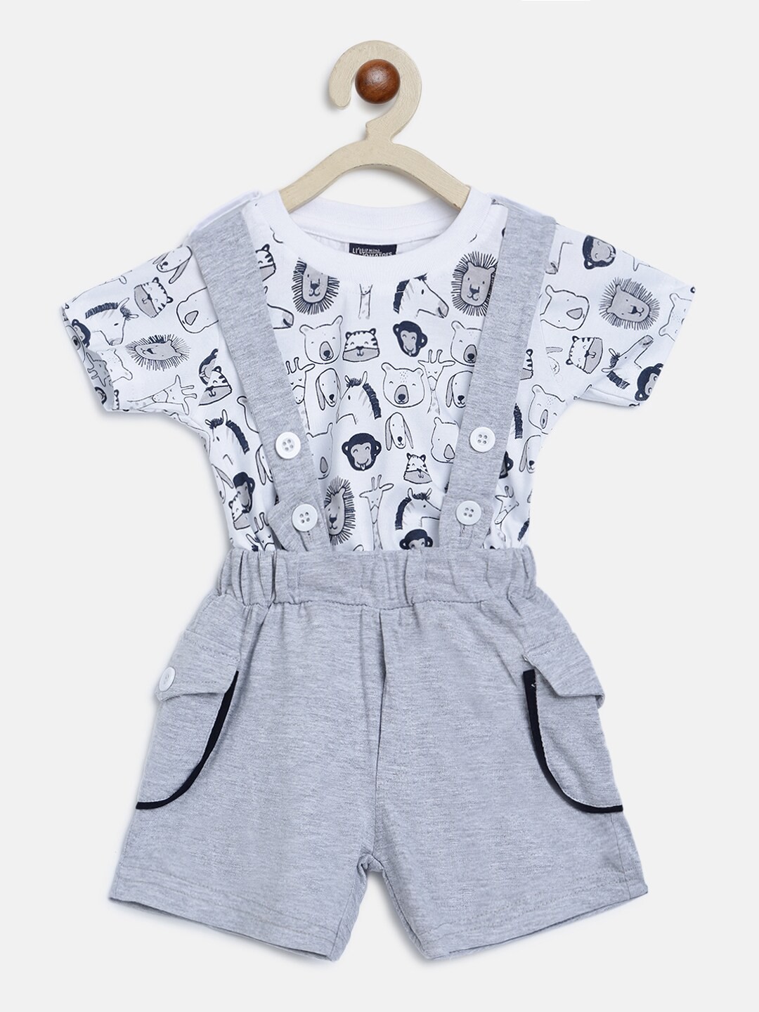 

Lil Tomatoes Kids Grey & White Printed T-shirt with Dungaree Shorts