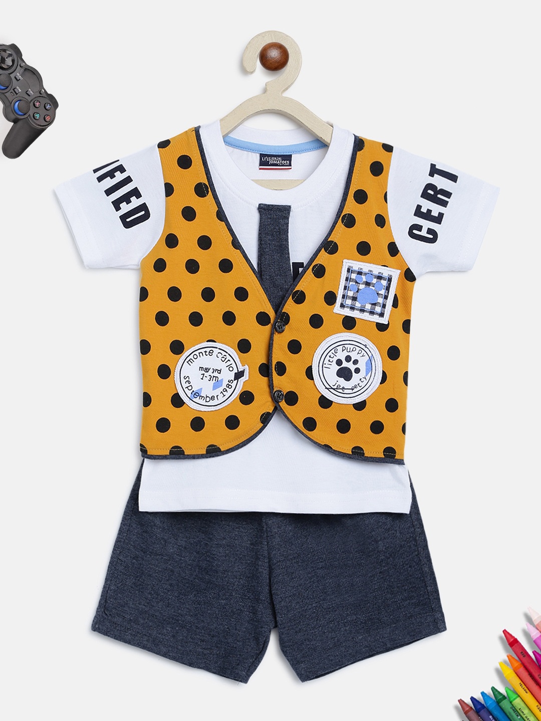 

Lil Tomatoes Unisex Kids Mustard & Navy Blue Printed T-shirt with Shorts