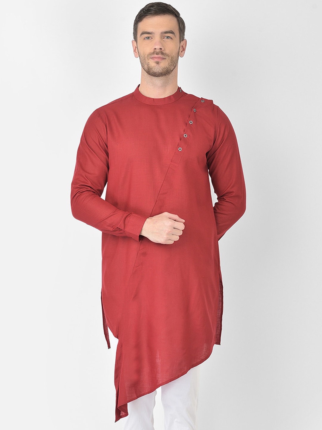 

SG LEMAN Men Rust Solid Cotton Asymmetric Angrakha Kurta