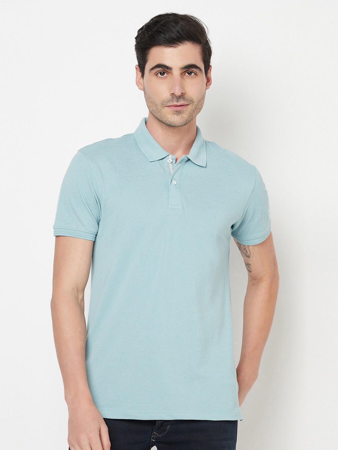 

Octave Men Teal Blue Polo Collar Cotton T-shirt