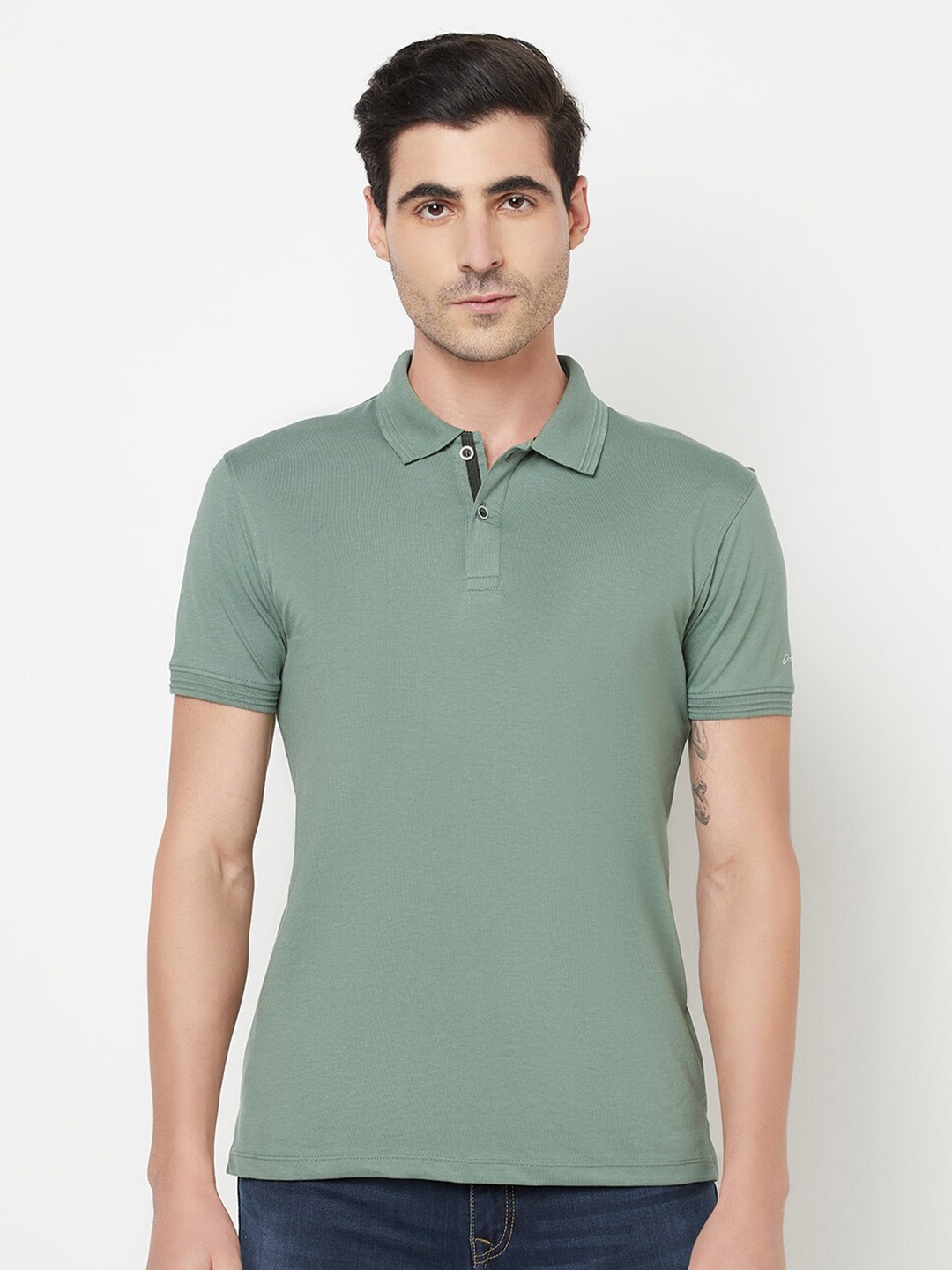 

Octave Men Olive Green Polo Collar Cotton T-shirt