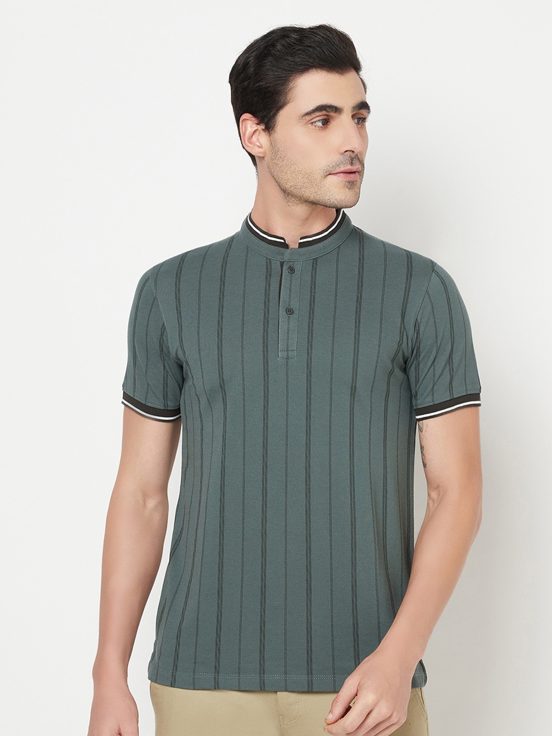 

Octave Men Olive Green & Black Striped Mandarin Collar Cotton T-shirt