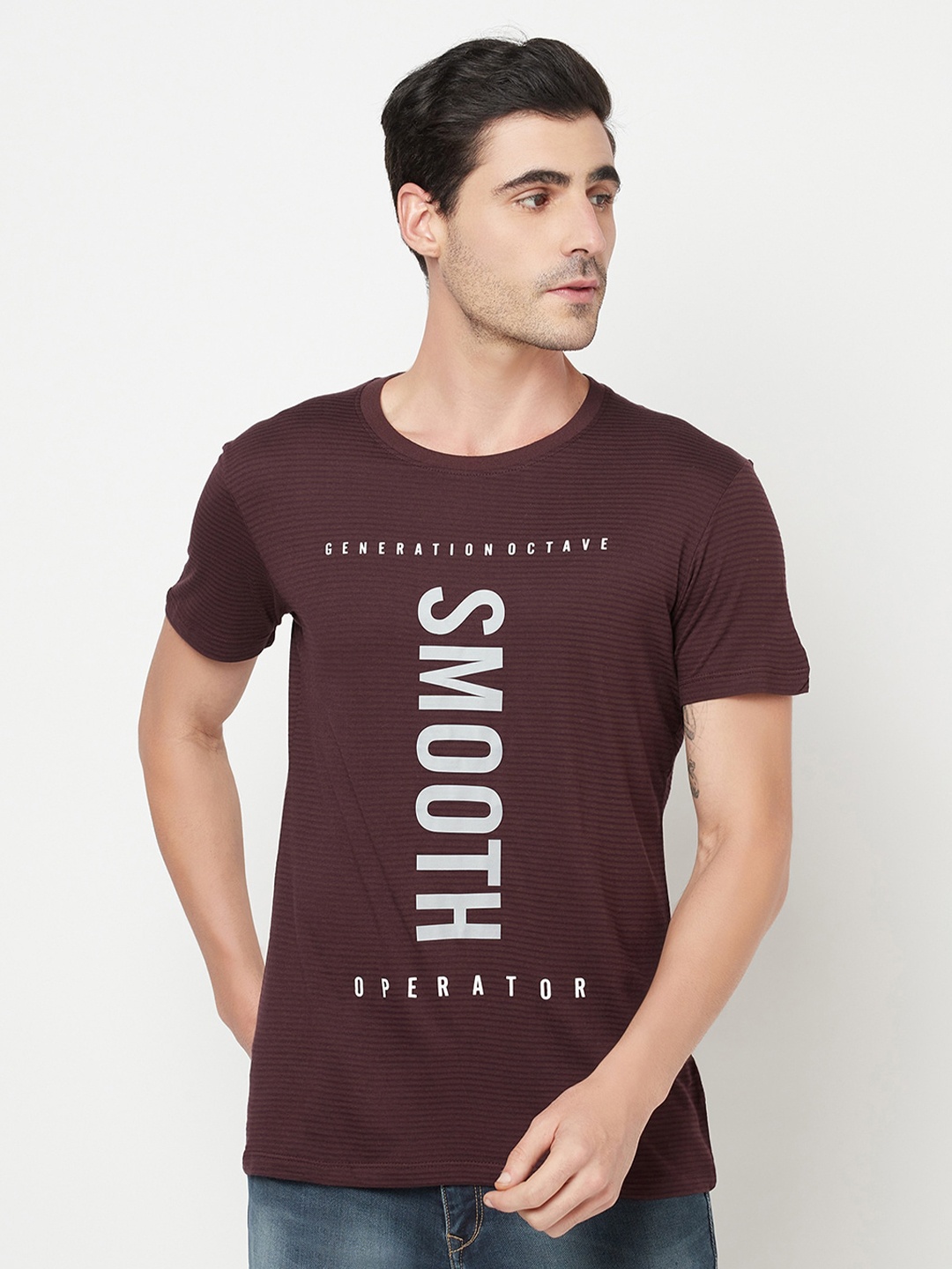 Octave Men Burgundy & White Typography Printed Cotton T-shirt