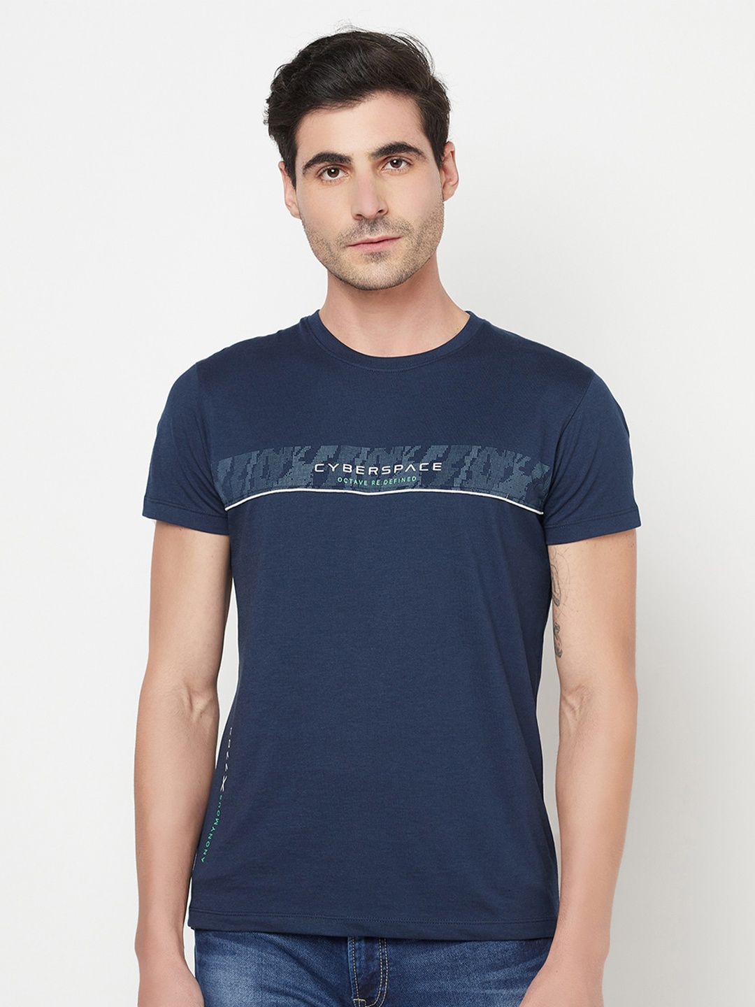 

Octave Men Navy Blue Printed Cotton Regular Fit T-shirt