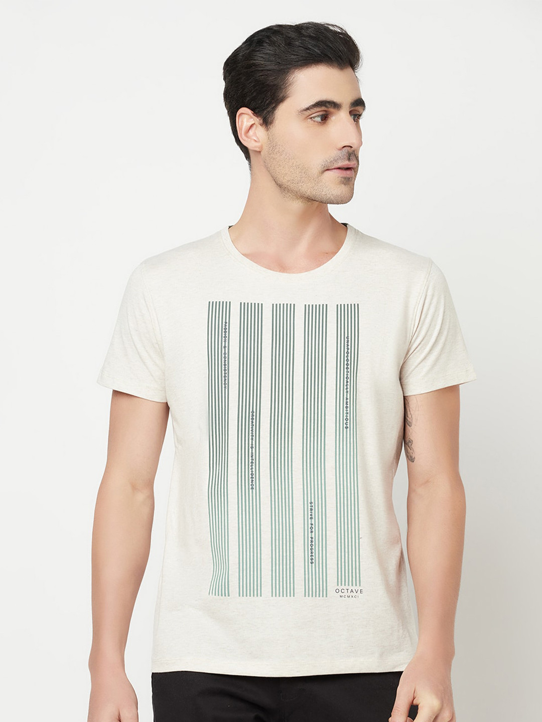 

Octave Men Cream-Coloured & Green Graphic Printed T-shirt
