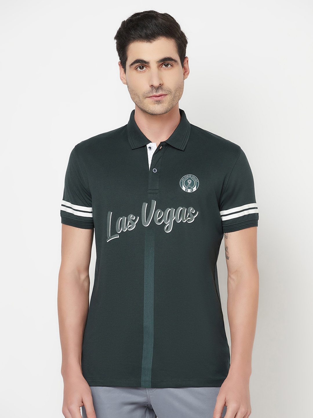 

Octave Men Green & White Typography Printed Polo Collar T-shirt