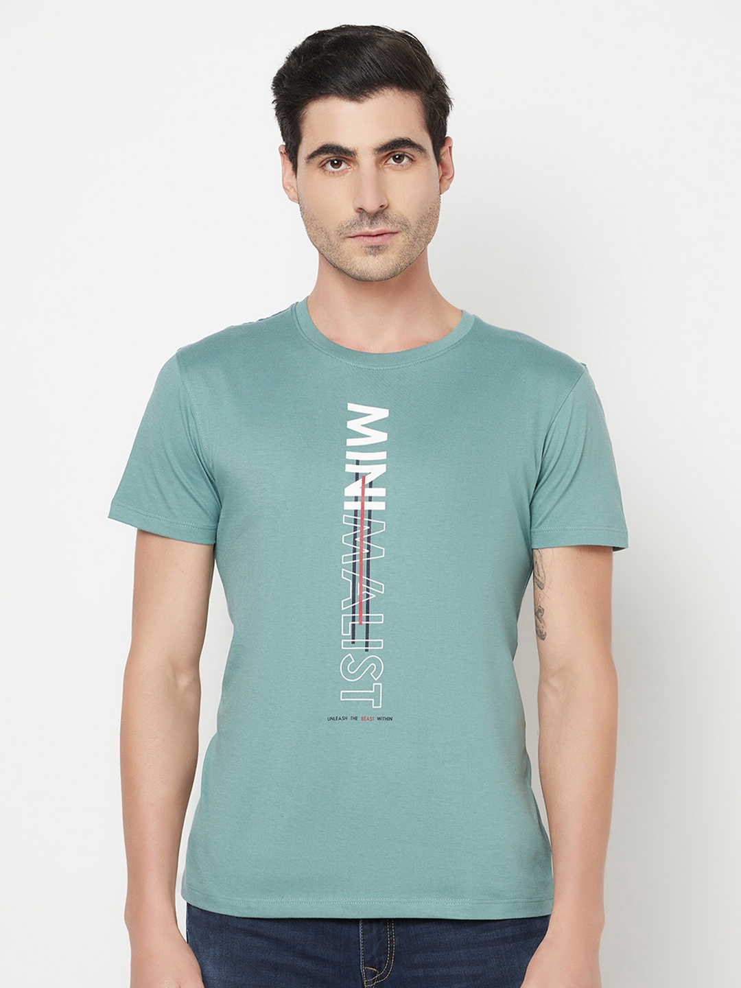 

Octave Men Blue Typography Printed Raw Edge T-shirt