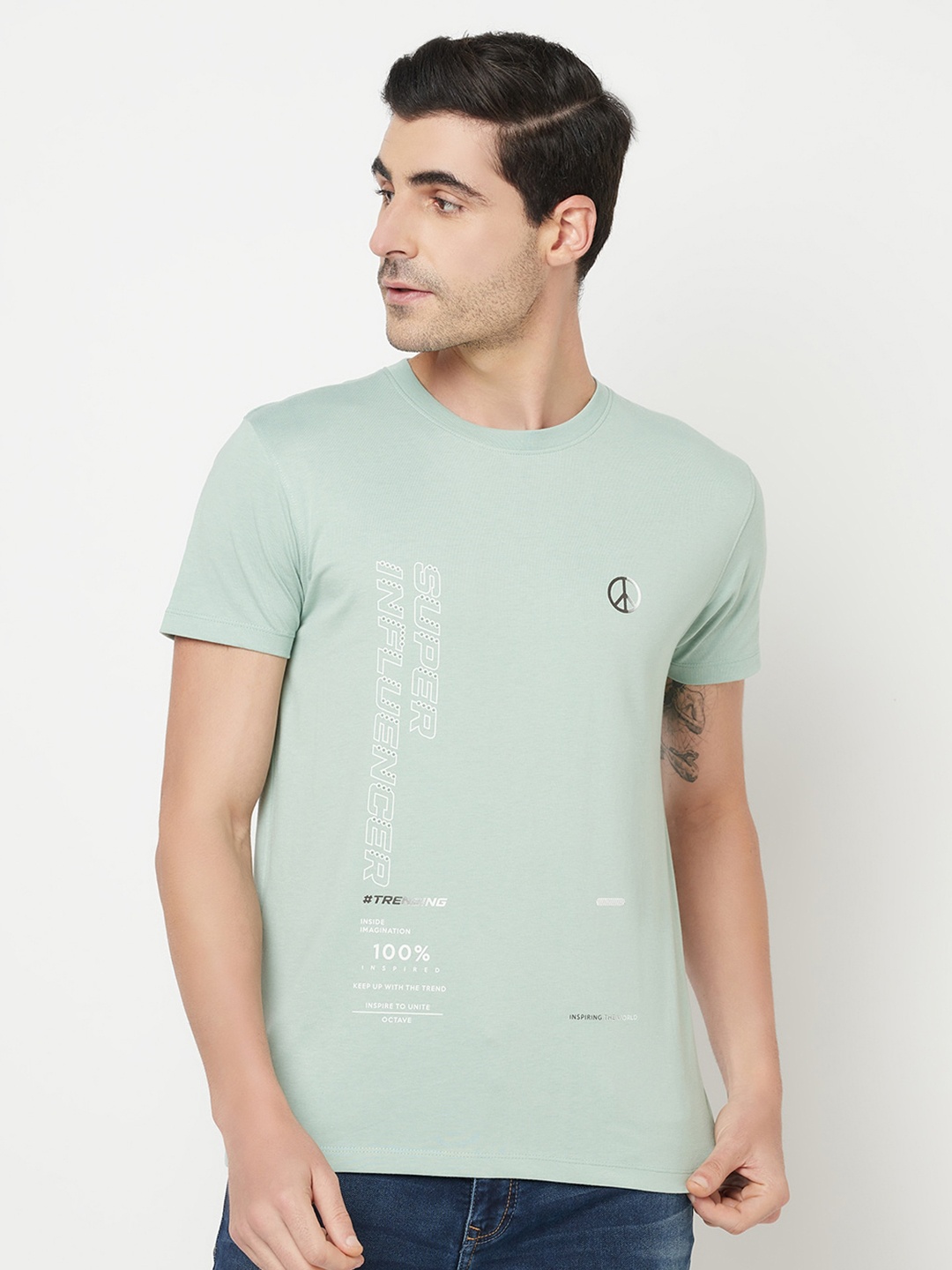 Octave Men Pastel Green Typography Printed Cotton T-shirt