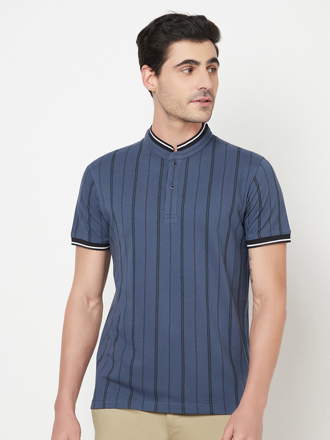 

Octave Men Blue Striped Mandarin Collar Cotton T-shirt